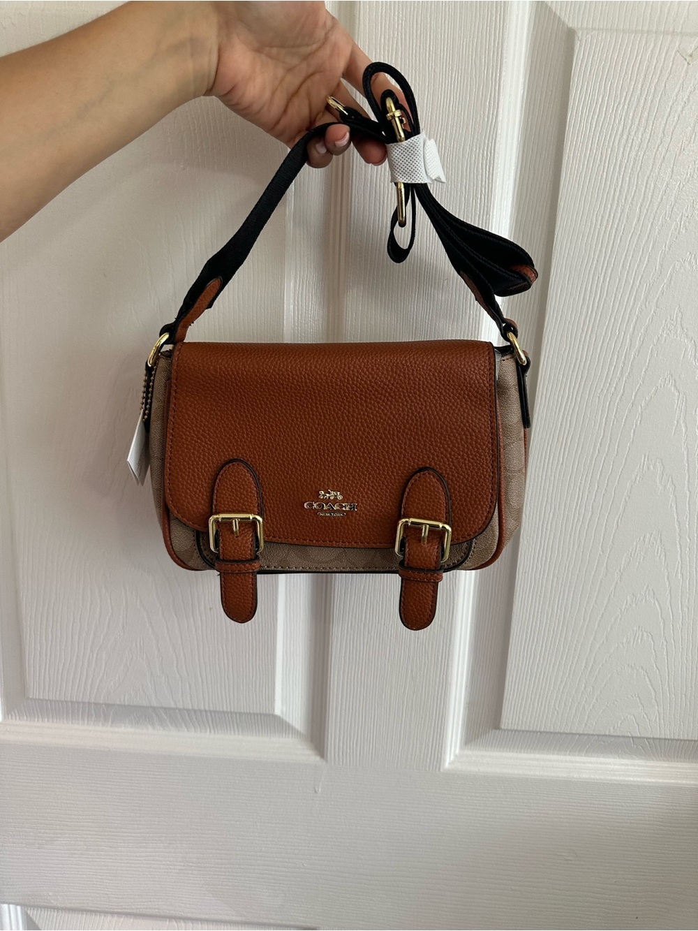 Coach Brown Pebbled Leather & Signature Canvas Crossbody with Gold Hardware - Picture 1 of 2